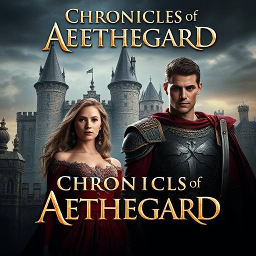 Poster of 'Chronicles of Aethelgard', showing Lady Elara and Sir Kaelen against a castle backdrop.