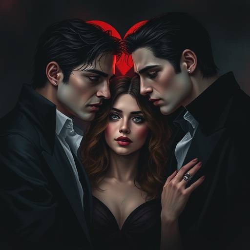 Poster of The Vampire Diaries, depicting two vampire brothers and a young woman in a love triangle
